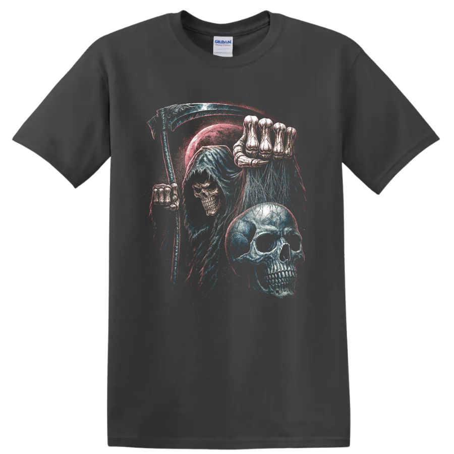 Gothic blue skull with skeletal hand and distressed red and white splatter art on a Charcoal T Shirt