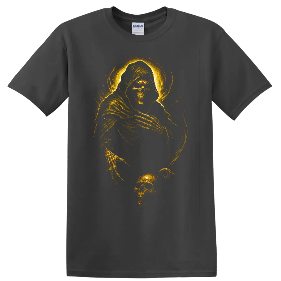 Golden grim reaper skull gothic skeleton graphic print on a Charcoal T Shirt
