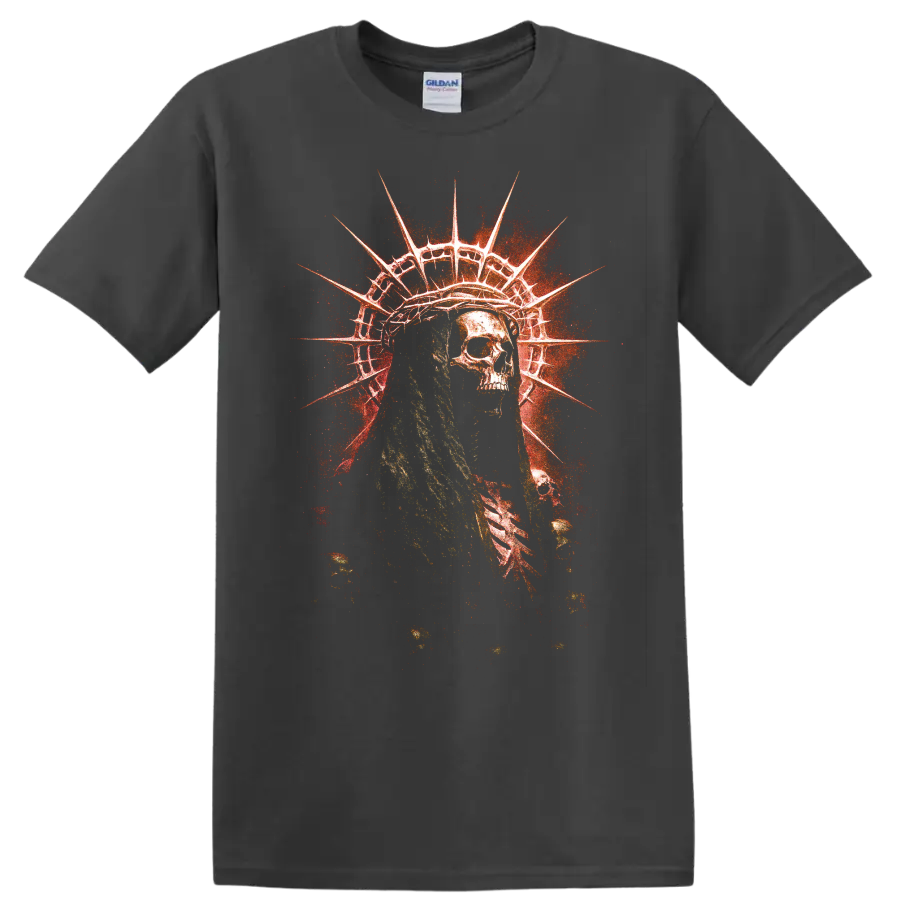 Distressed skull Statue of Liberty gothic horror graphic with red grunge burst on a Charcoal T Shirt
