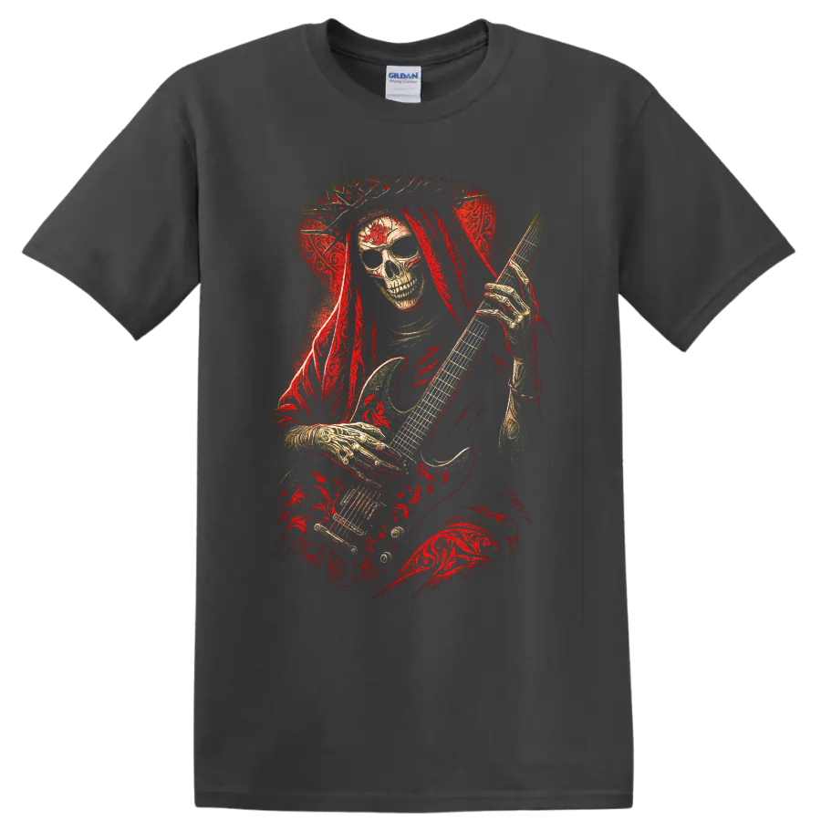 Gothic skull guitarist with red roses and distressed rock art on a Charcoal T Shirt