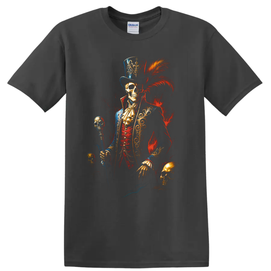 Gothic skeleton ringmaster in top hat with skull cane and red plume on a Charcoal T Shirt