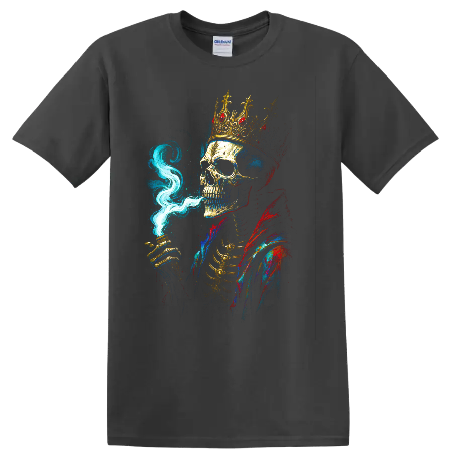 Crowned skull king with blue smoke and colorful gothic art on a Charcoal T Shirt
