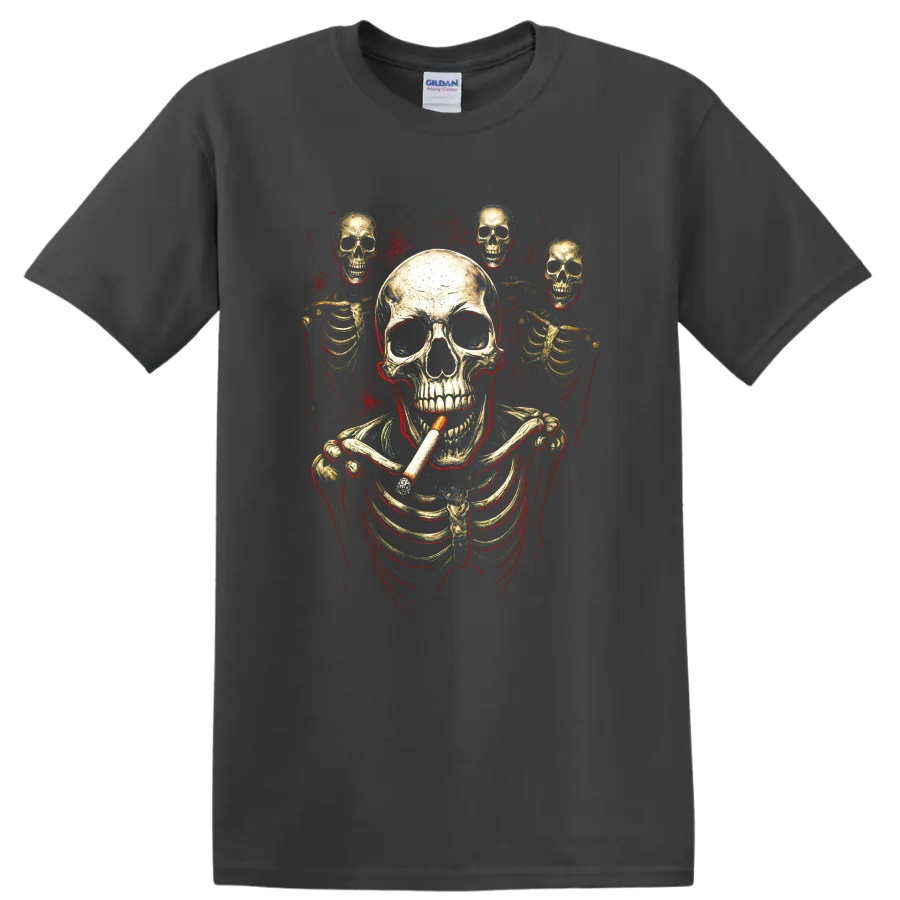 Smoking skeleton skull graphic with smaller skulls and red splatter on a Charcoal T Shirt