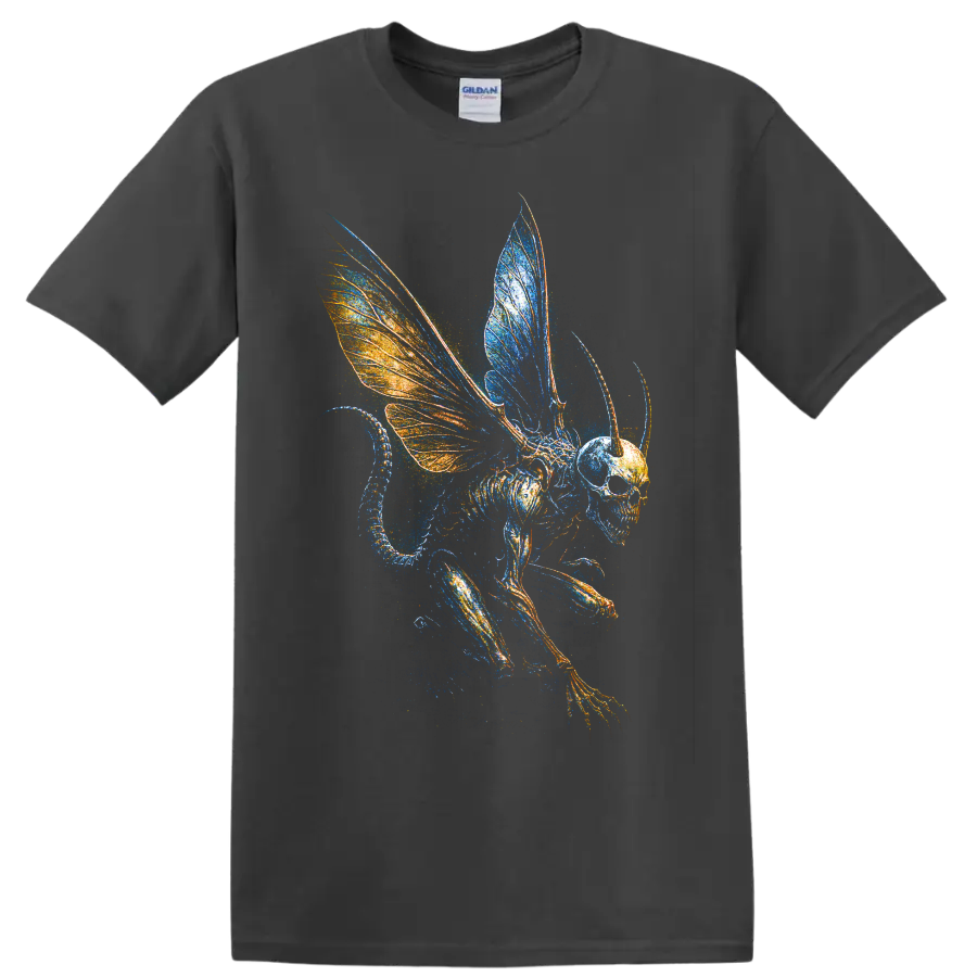 Winged skull skeleton creature with blue and orange gothic fantasy wings on a Charcoal T Shirt
