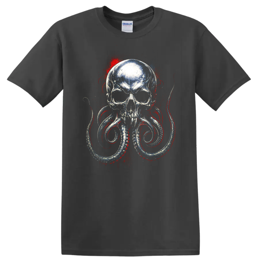Distressed skull octopus graphic with curling tentacles and red blue accents on a Charcoal T Shirt