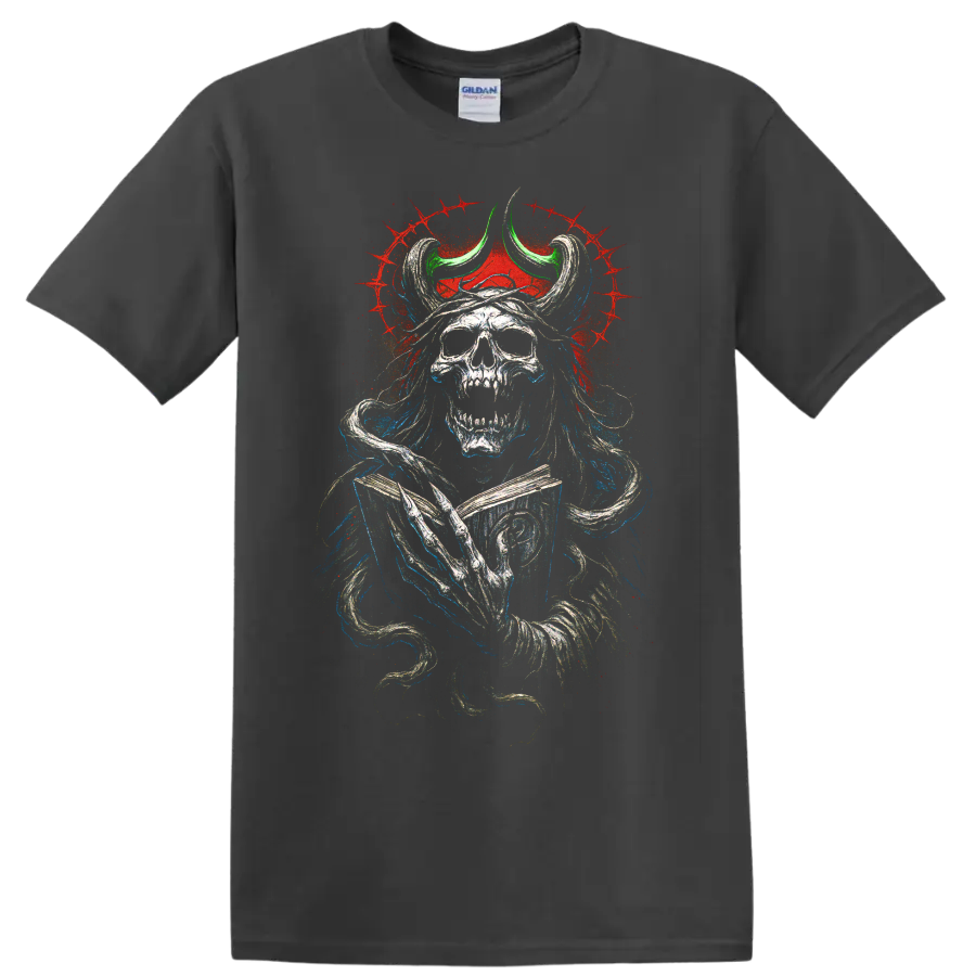 Horned skull warrior with gothic distressed artwork and red splatter on a Charcoal T Shirt