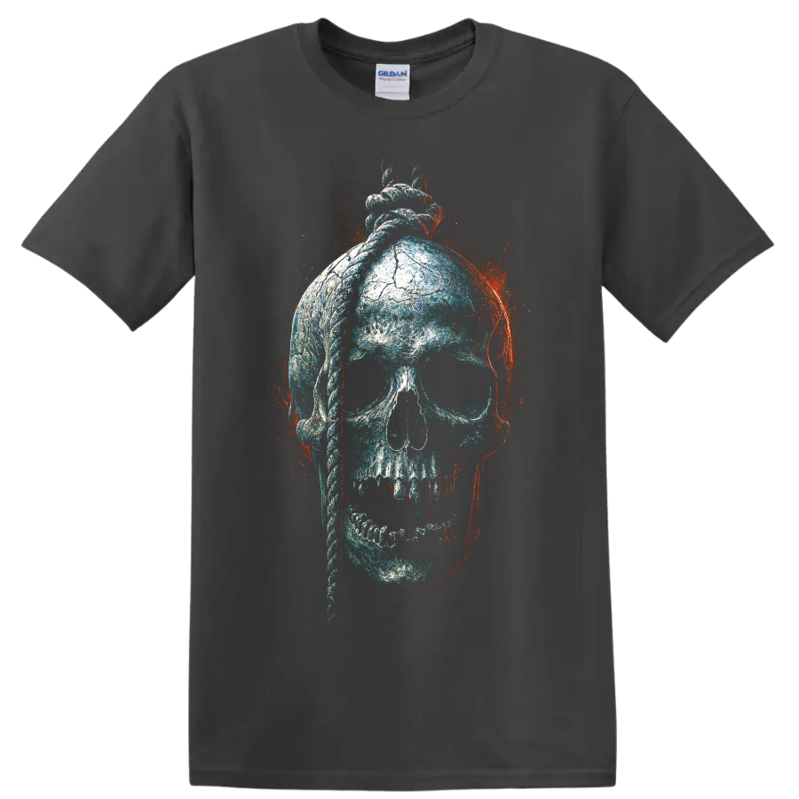 Distressed gothic skull with anatomical heart graphic art on a Charcoal T Shirt