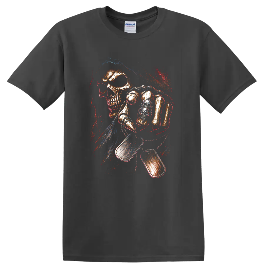 Distressed gothic skull graphic with vivid red, blue, and orange accents on a Charcoal T Shirt