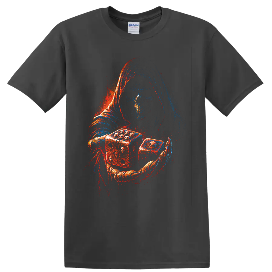 Hooded skull figure holding dice in red and blue gothic horror art on a Charcoal T Shirt