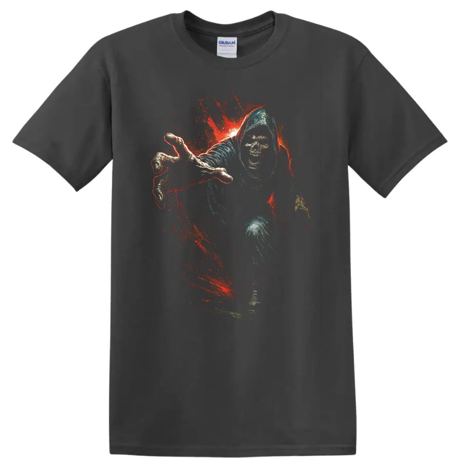 Hooded skull reaper with red splatter gothic horror graphic on a Charcoal T Shirt