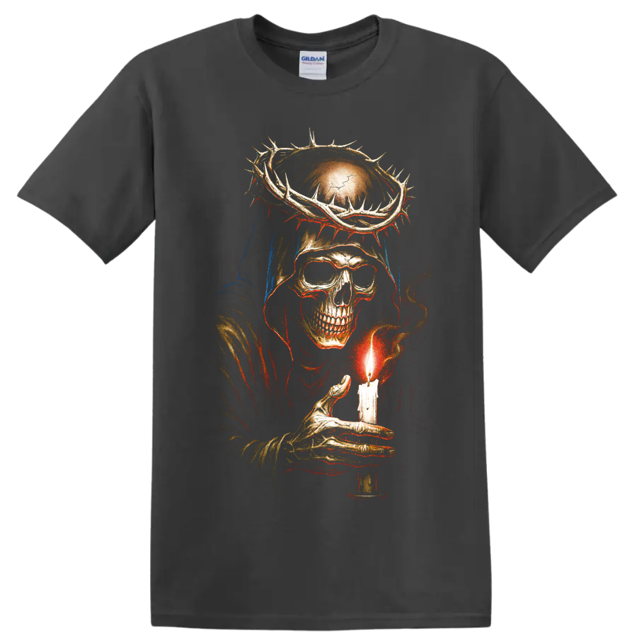 Gothic grim reaper skull holding a glowing candle beneath a crown of thorns on a Charcoal T Shirt