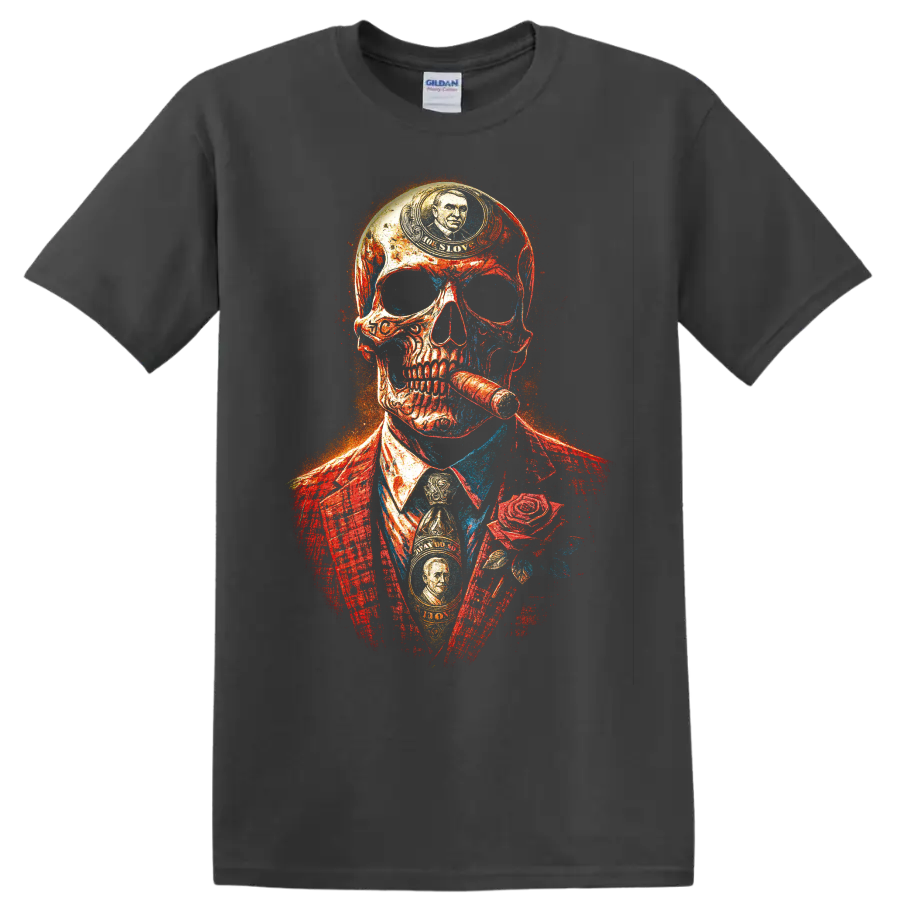 Distressed gangster skull in suit with cigar and rose graphic on a Charcoal T Shirt