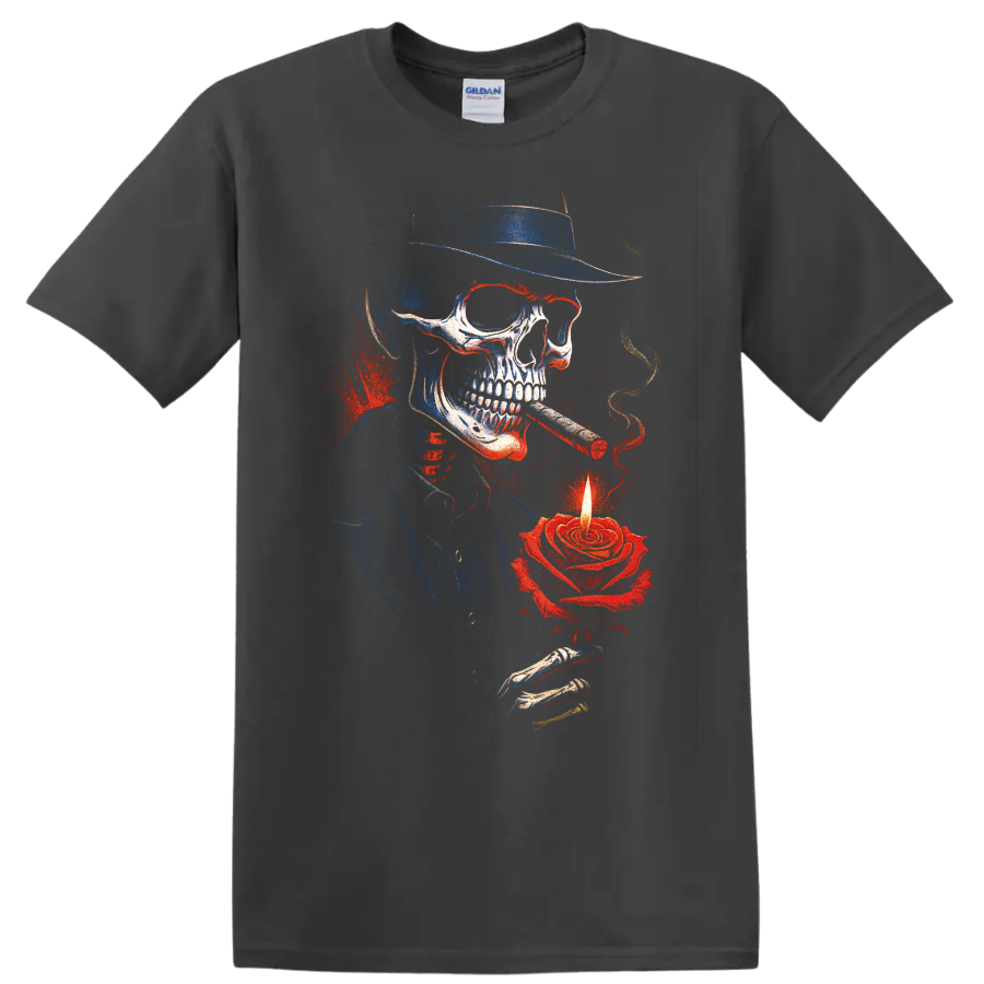 Gothic skull cowboy with cigar and glowing rose candle graphic on a Charcoal T Shirt