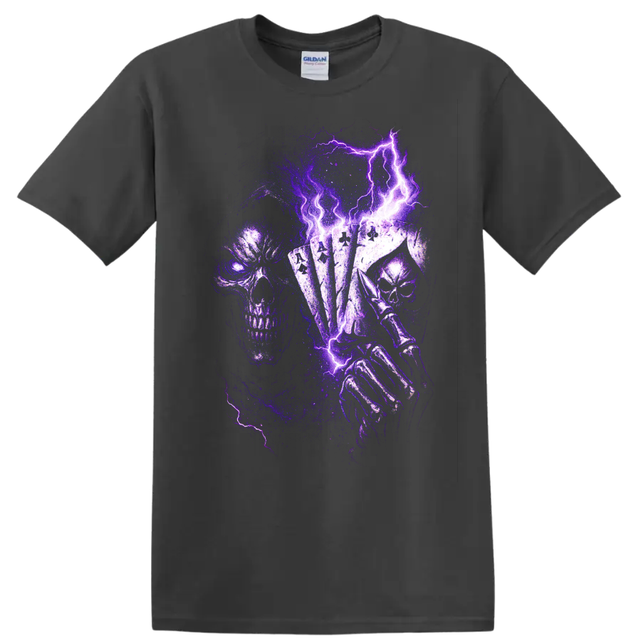 Gothic skull holding playing cards with purple lightning artwork on a Charcoal T Shirt