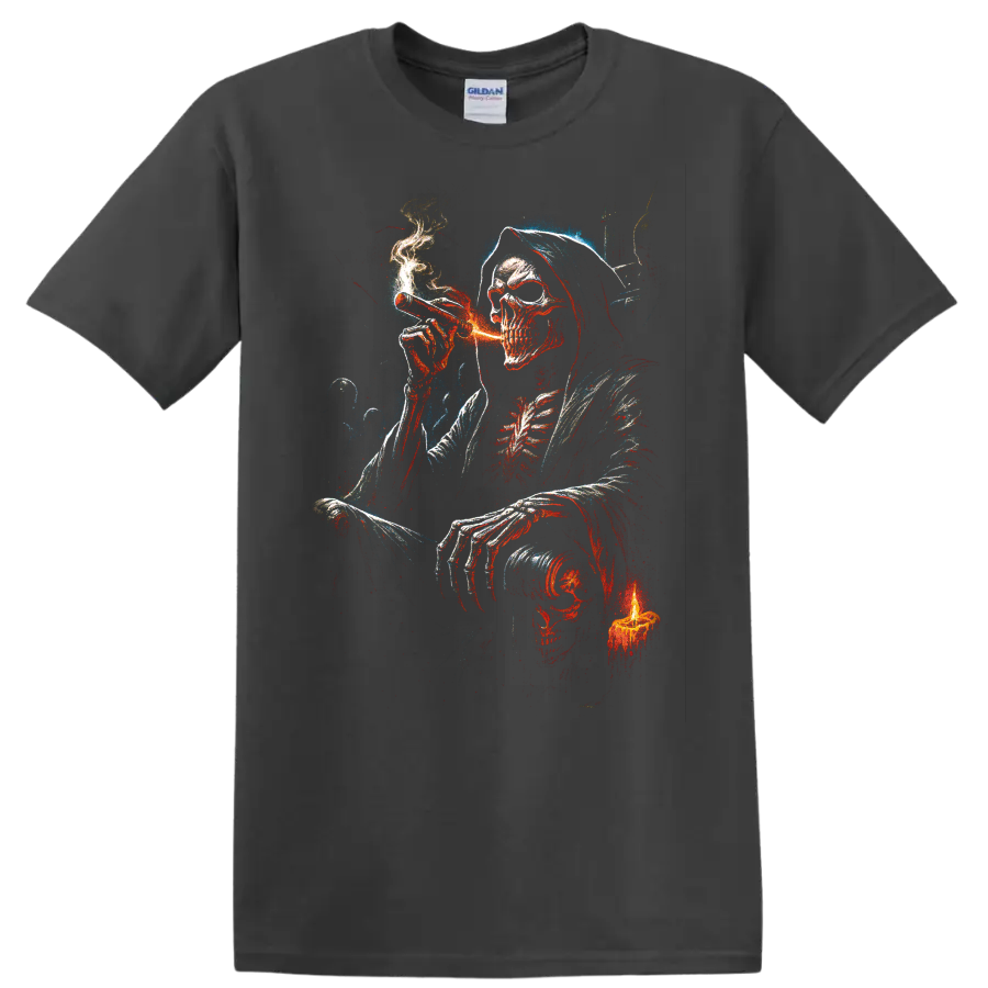 Hooded smoking skeleton skull with candle in distressed gothic art on a Charcoal T Shirt
