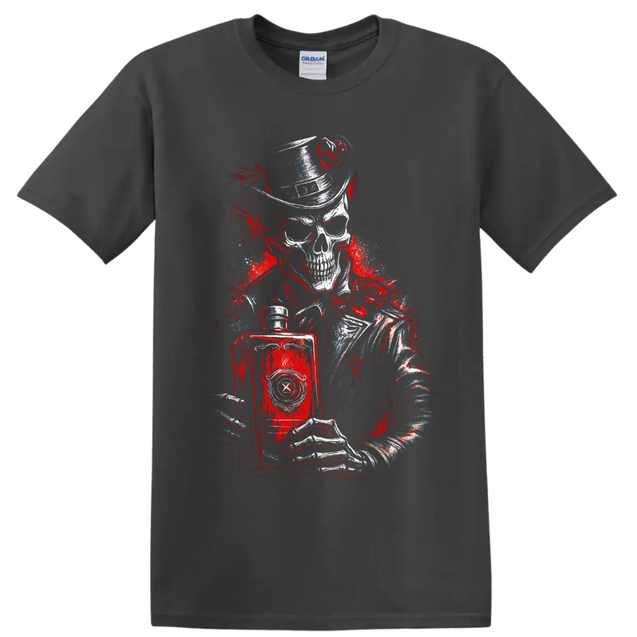 Gothic skull in top hat holding a book with red distressed artwork on a Charcoal T Shirt