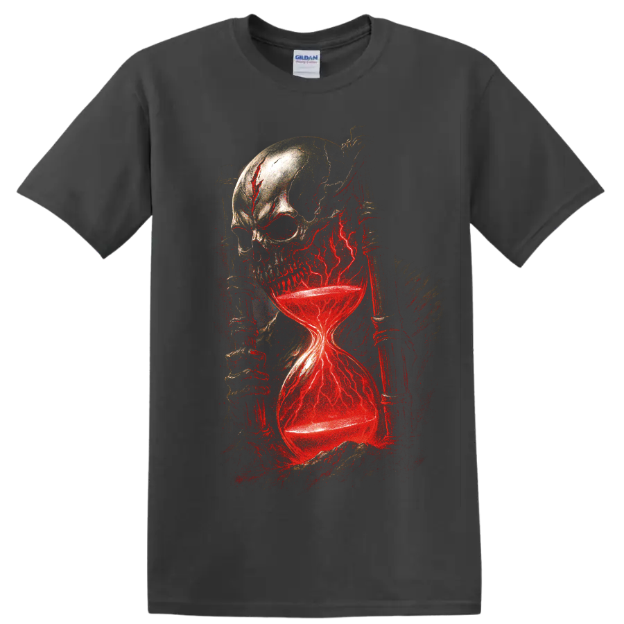 Gothic skull hourglass with glowing red lightning graphic on a Charcoal T Shirt