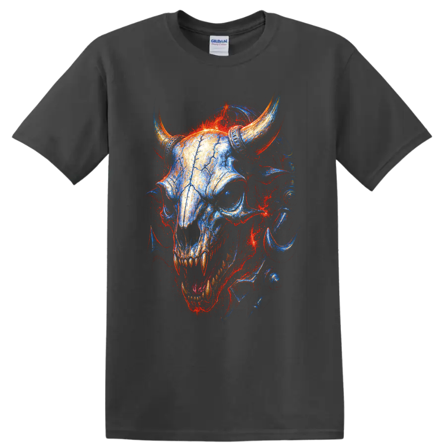 Horned skull gothic artwork with vivid blue, red, and orange fire-like detail on a Charcoal T Shirt
