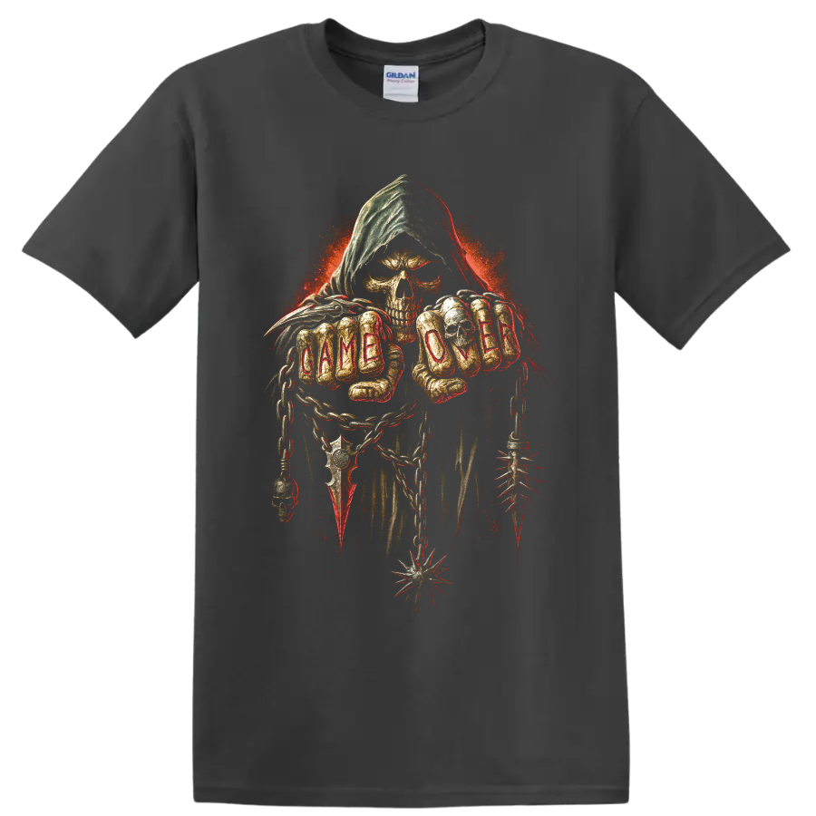 Grim reaper skull with hood, chains, spikes, and gothic distressed art on a Charcoal T Shirt