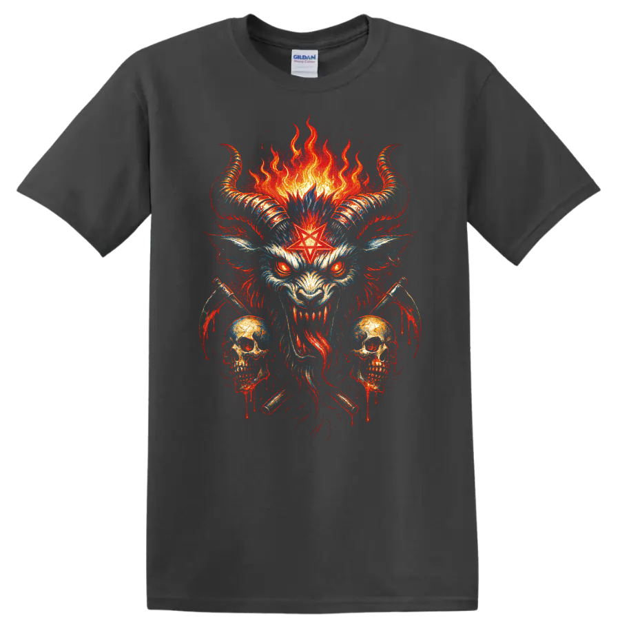 Horned demon skull with flames and red star gothic graphic print on a Charcoal T Shirt