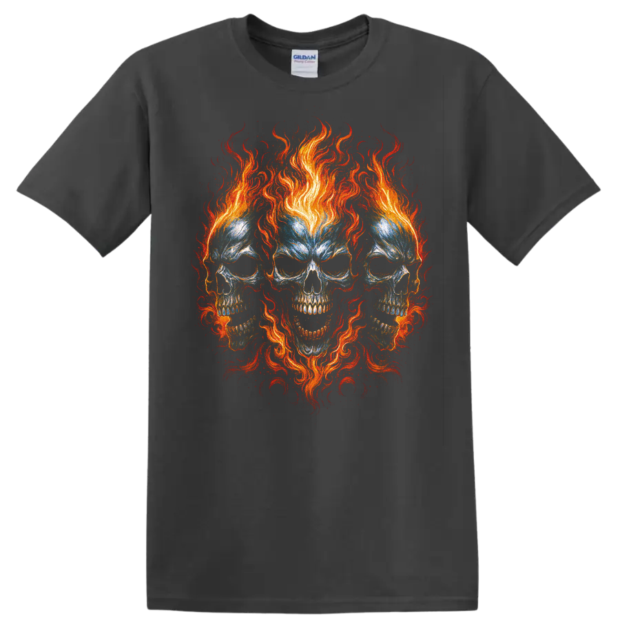 Flaming triple skull gothic horror graphic with vivid swirling fire on a Charcoal T Shirt