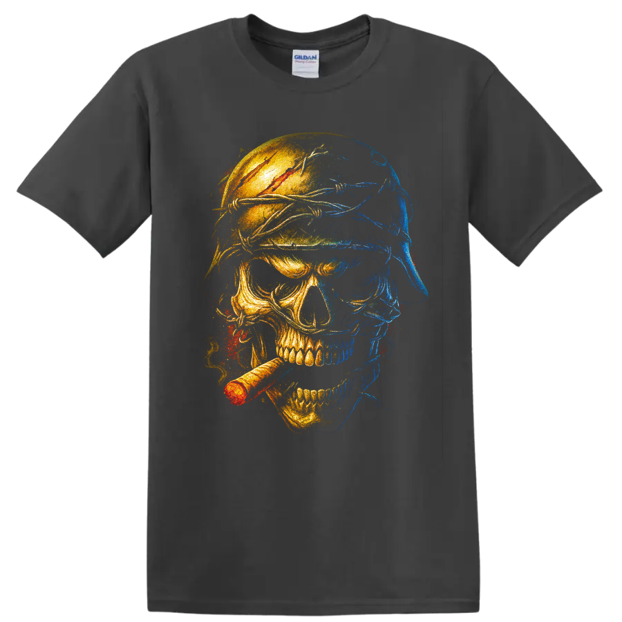 Blue and gold split-face skull graphic with cigar and distressed gothic art on a Charcoal T Shirt