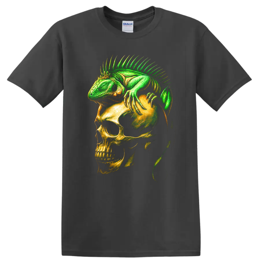 Green iguana draped over a skull in detailed gothic horror art on a Charcoal T Shirt