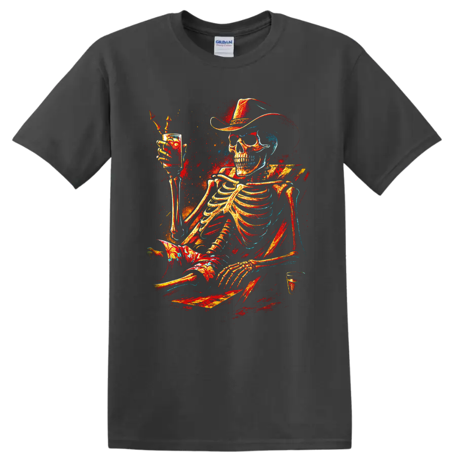 Western gothic skeleton cowboy raising a cocktail glass with colorful splatter art on a Charcoal T Shirt