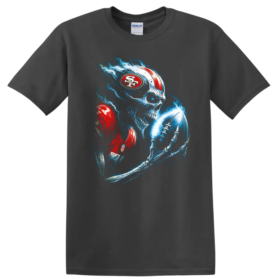 Gothic skull football player with red helmet and blue flames on a Charcoal T Shirt