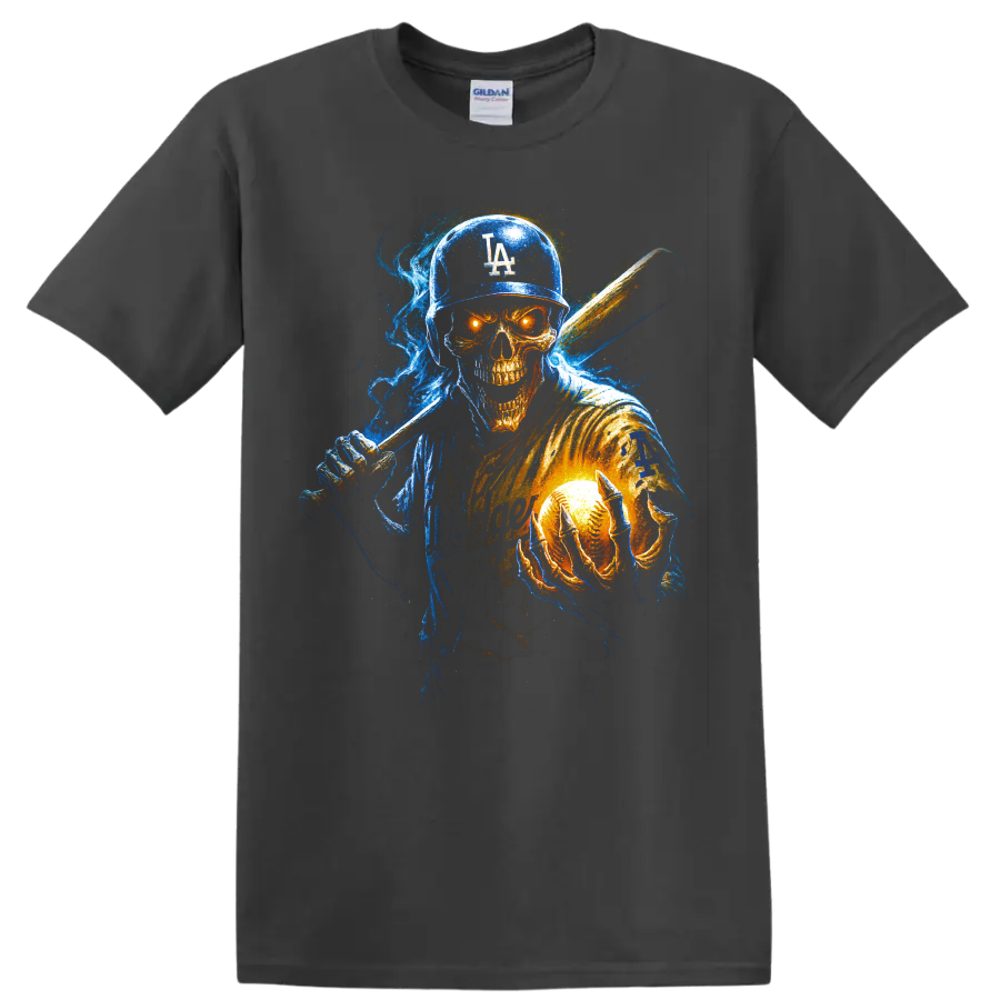 Neon horror baseball skull player with bat and glowing baseball on a Charcoal T Shirt