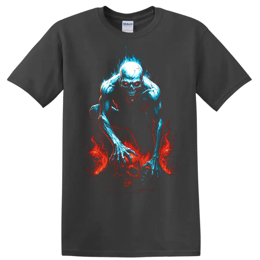 Blue undead skeleton skull with red flames gothic horror graphic on a Charcoal T Shirt