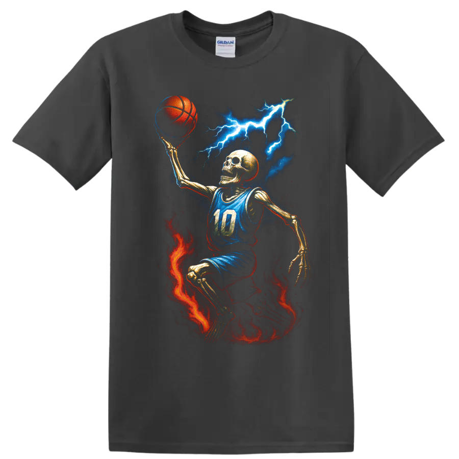Skeleton basketball player with lightning, fire, and blue jersey on a Charcoal T Shirt