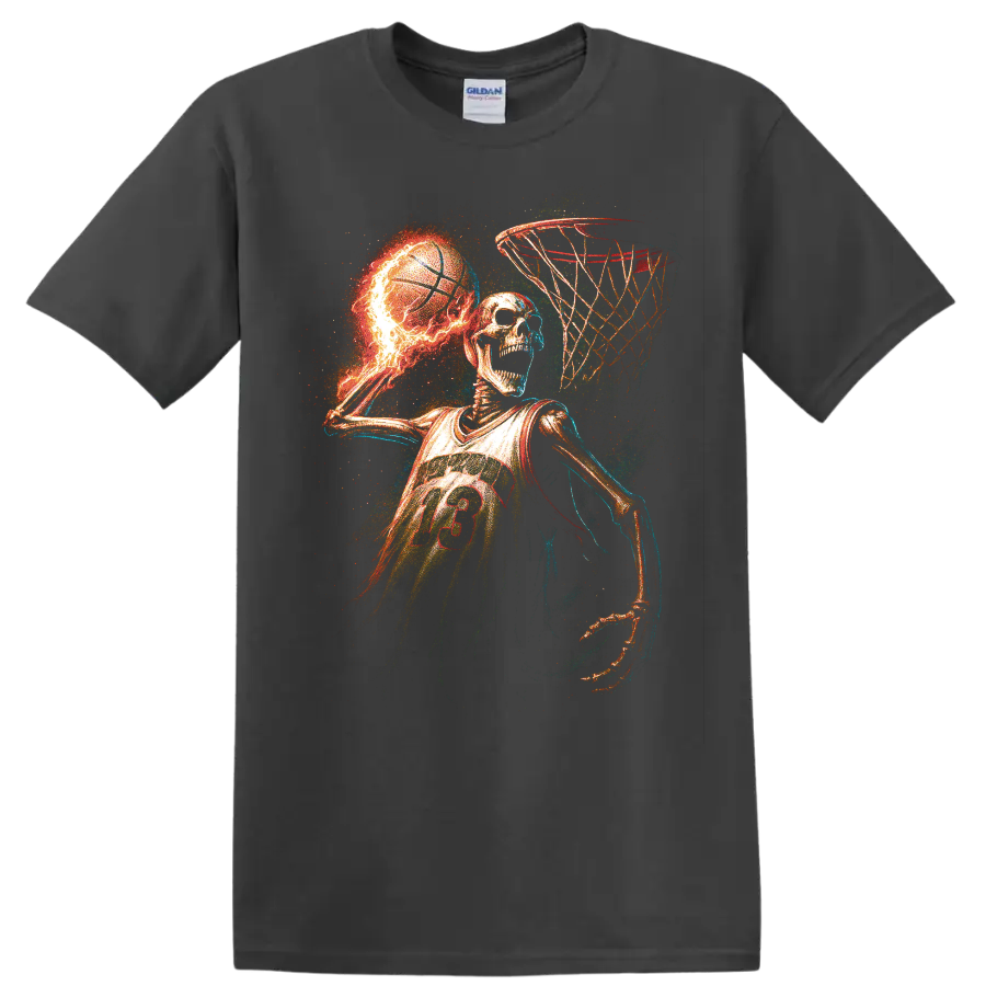 Fiery skeleton basketball player slam dunk graphic with glowing neon effects on a Charcoal T Shirt