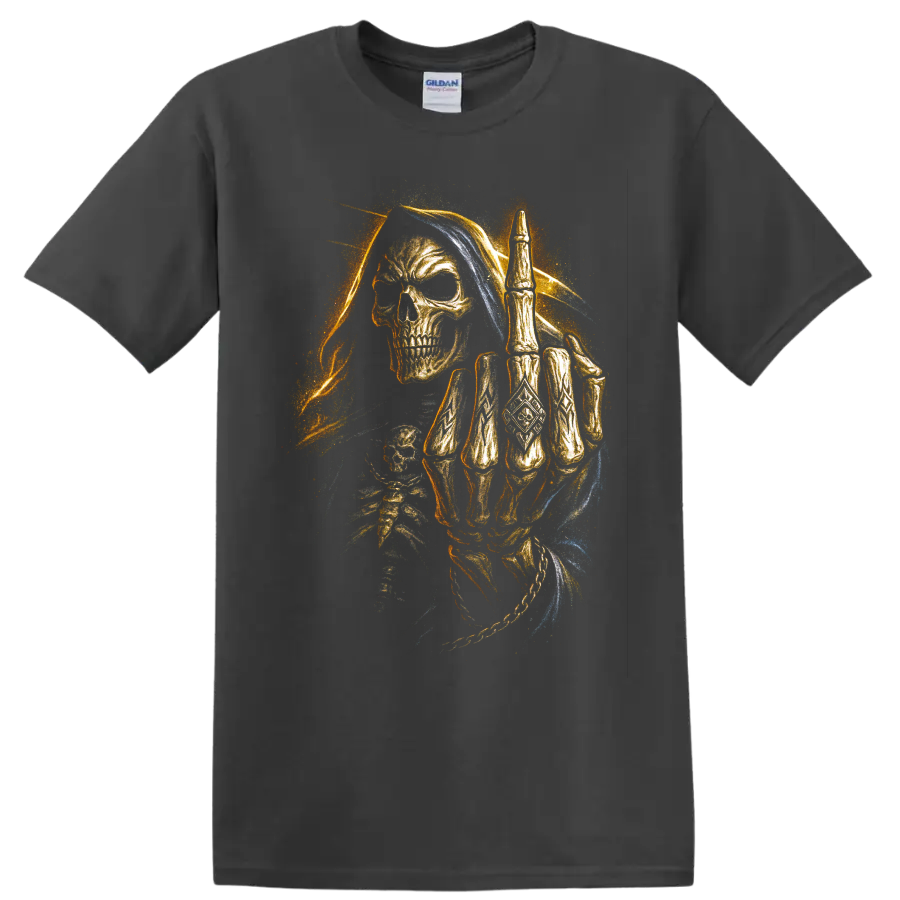 Hooded Grim Reaper skull with raised skeletal hand in gothic dark art on a Charcoal T Shirt