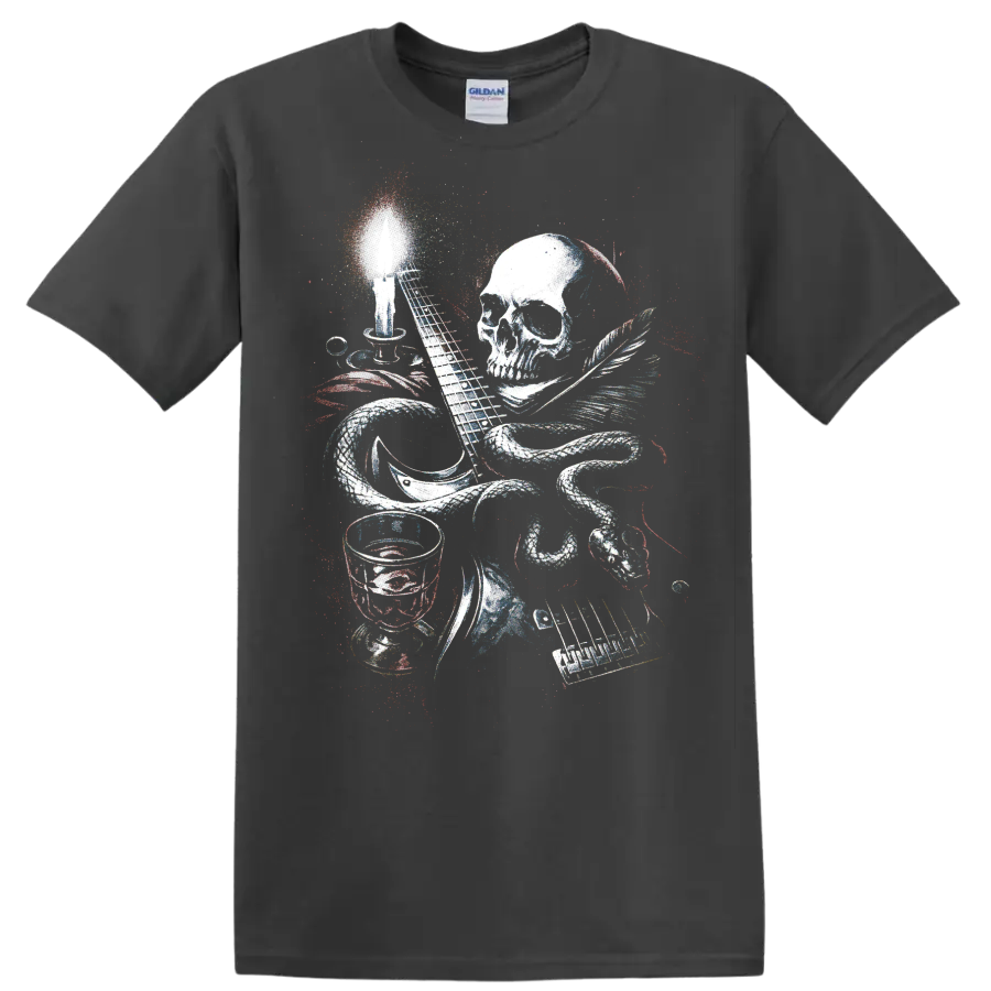 Colorful skull music graphic with guitar, drums, keyboard, and microphone on a Charcoal T Shirt
