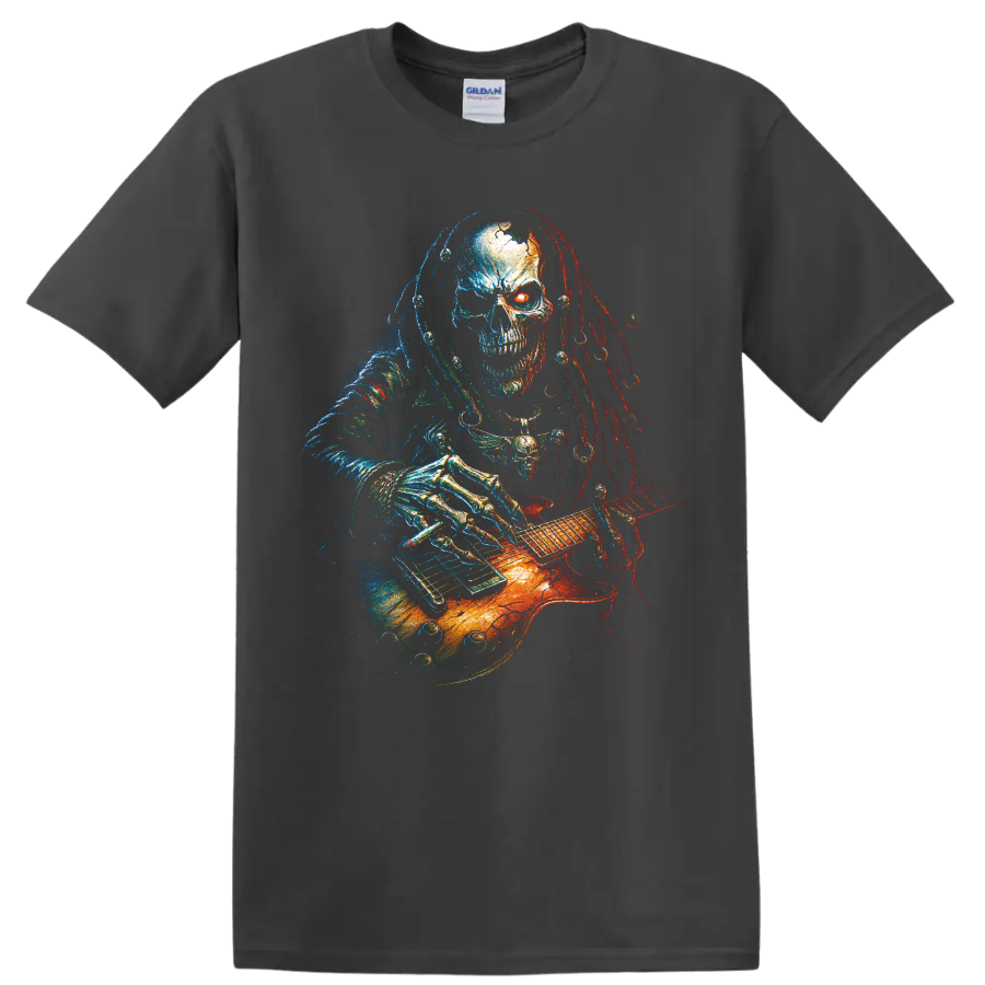 Gothic skull guitarist playing an electric guitar in neon distressed art on a Charcoal T Shirt