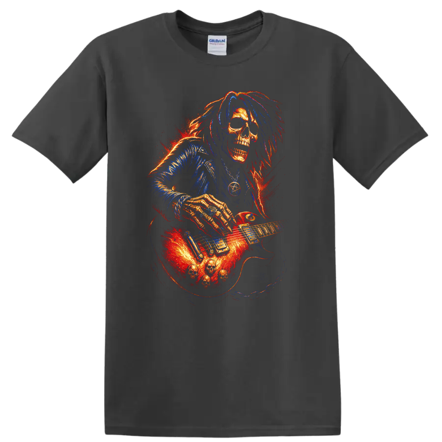 Fiery gothic skull guitarist playing electric guitar graphic on a Charcoal T Shirt