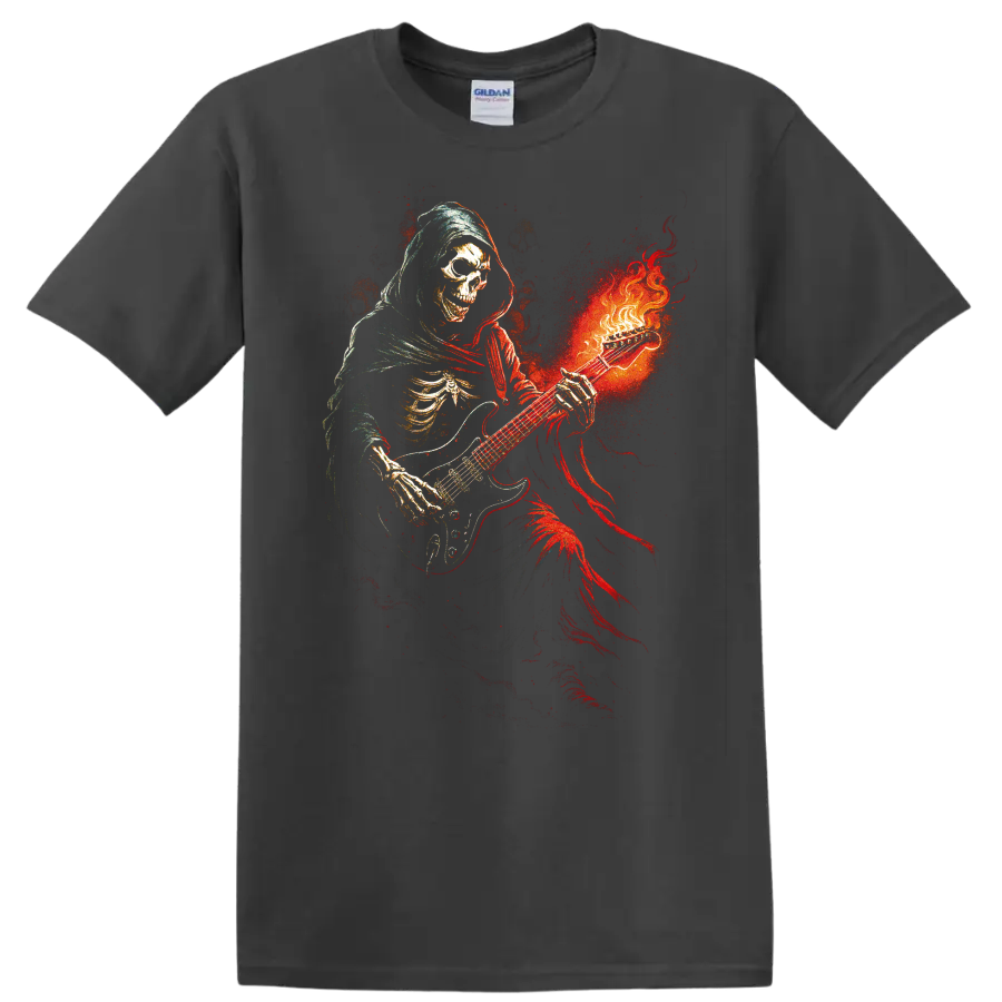 Hooded skull guitarist with fiery red and orange gothic artwork on a Charcoal T Shirt
