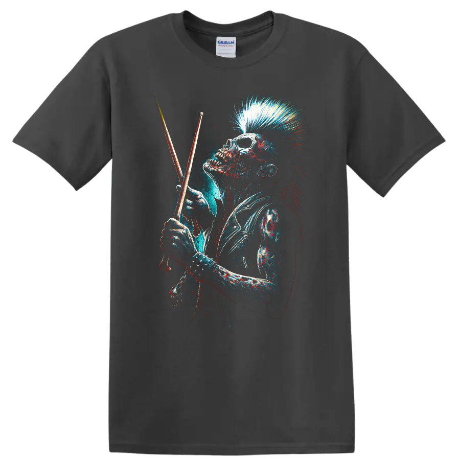 Punk rock skull drummer with mohawk holding drumsticks, distressed graphic art on a Charcoal T Shirt