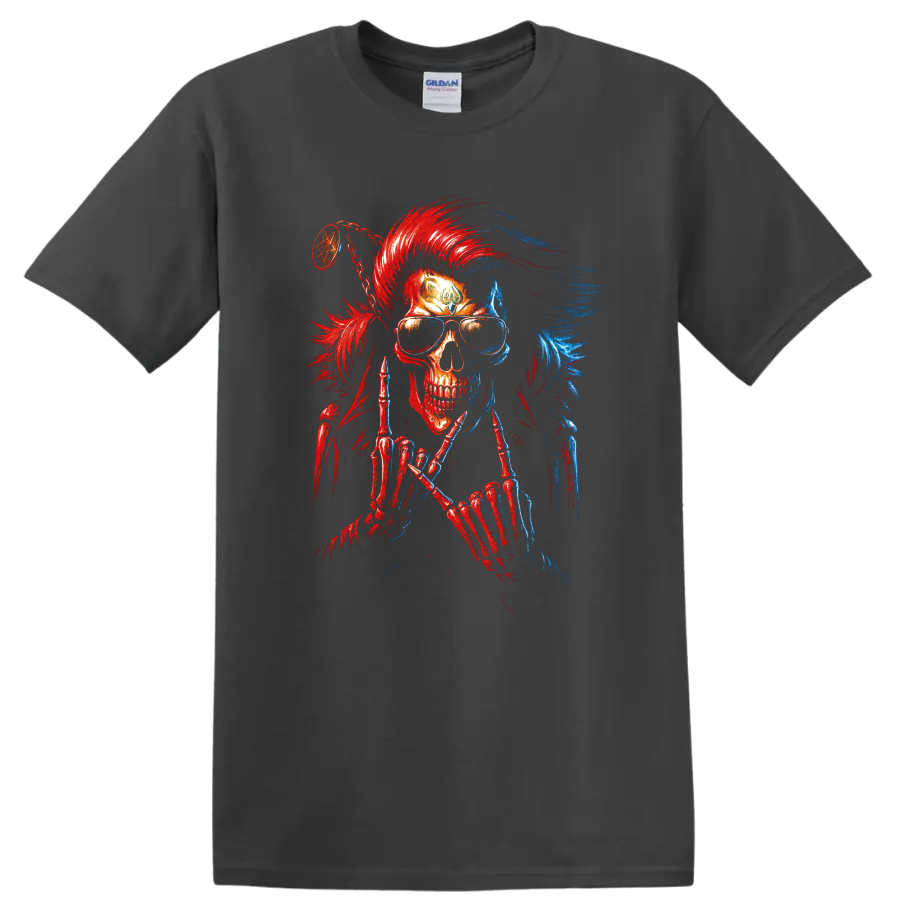Gothic skull warrior with red and blue mohawk, sunglasses, and skeletal hands on a Charcoal T Shirt
