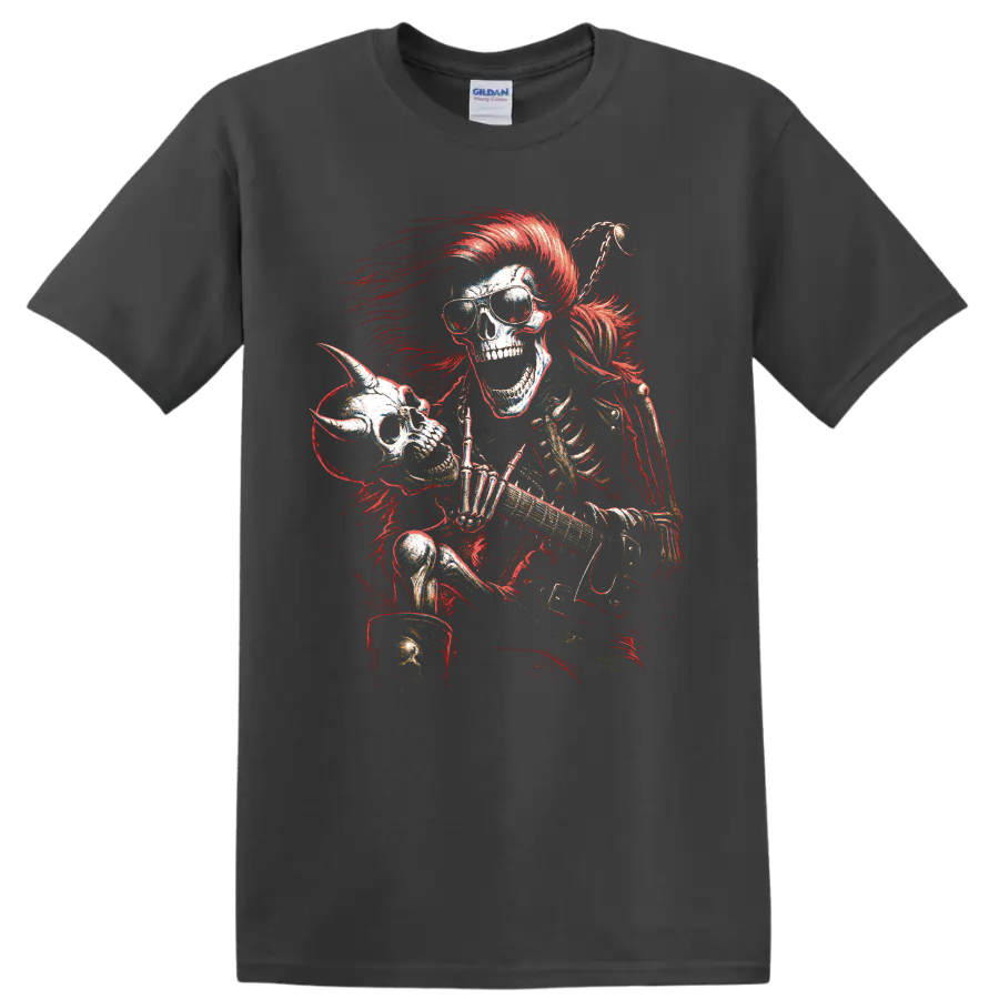 Gothic skeleton guitarist with sunglasses, red mohawk, and electric guitar on a Charcoal T Shirt