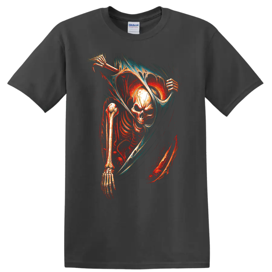 Skull reaper with hooded skeletal figure in vivid gothic horror art on a Charcoal T Shirt