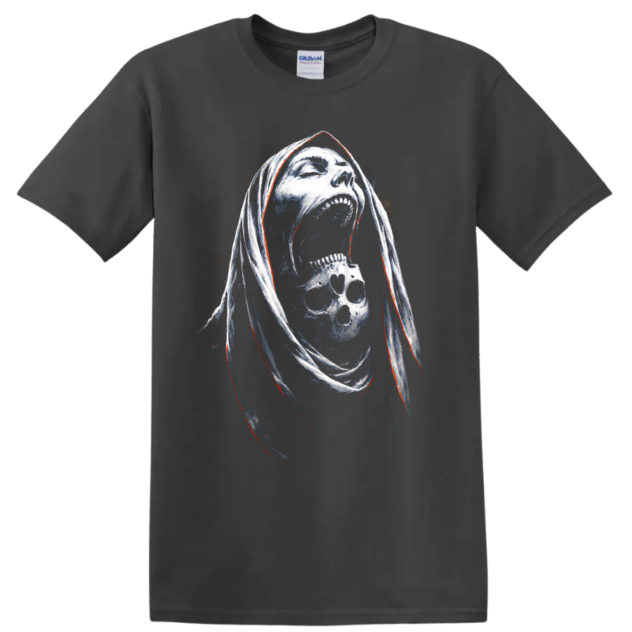 Hooded reaper skull graphic with screaming face and smaller skull on a Charcoal T Shirt