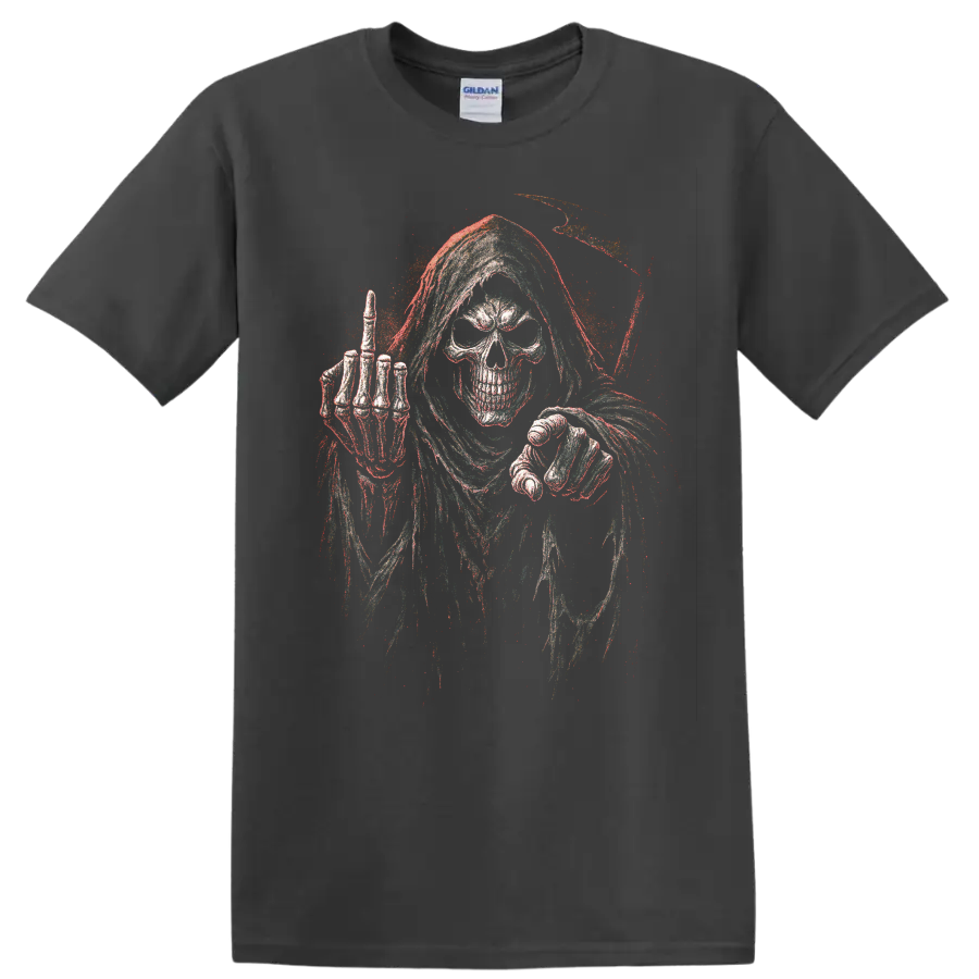 Distressed grim reaper skull gothic horror skeleton graphic on a Charcoal T Shirt