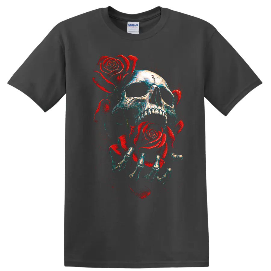 Gothic skull with red roses and skeletal hands distressed graphic on a Charcoal T Shirt