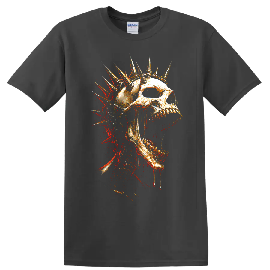 Spiked crown skull graphic in distressed gothic horror style on a Charcoal T Shirt