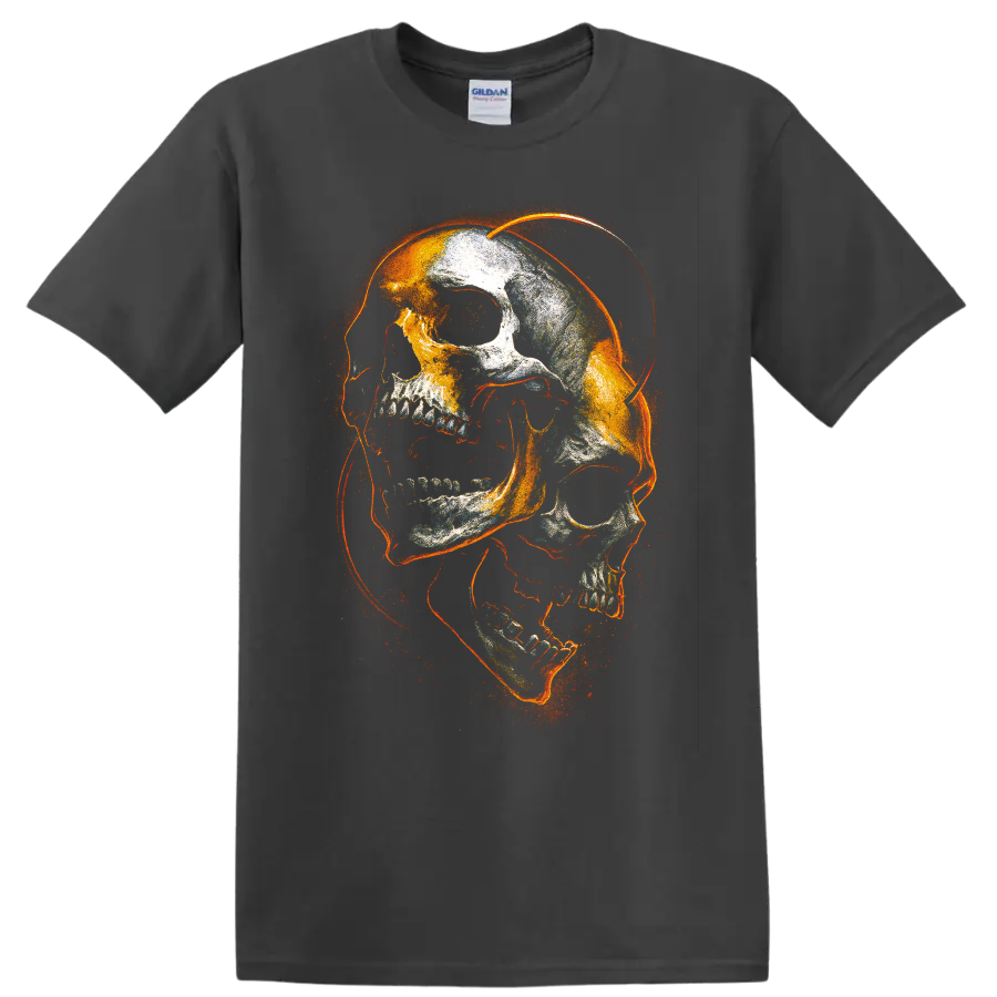 Fiery distressed gothic skull skeleton graphic with orange sparks on a Charcoal T Shirt