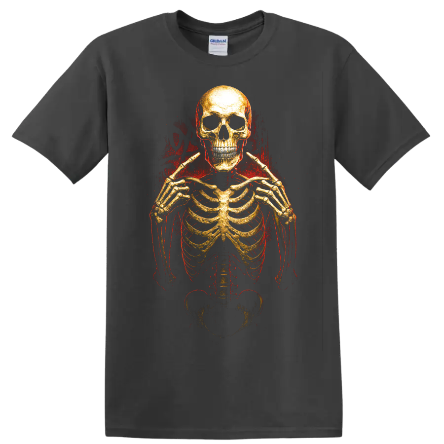 Golden skeleton skull graphic with red grunge horror styling on a Charcoal T Shirt