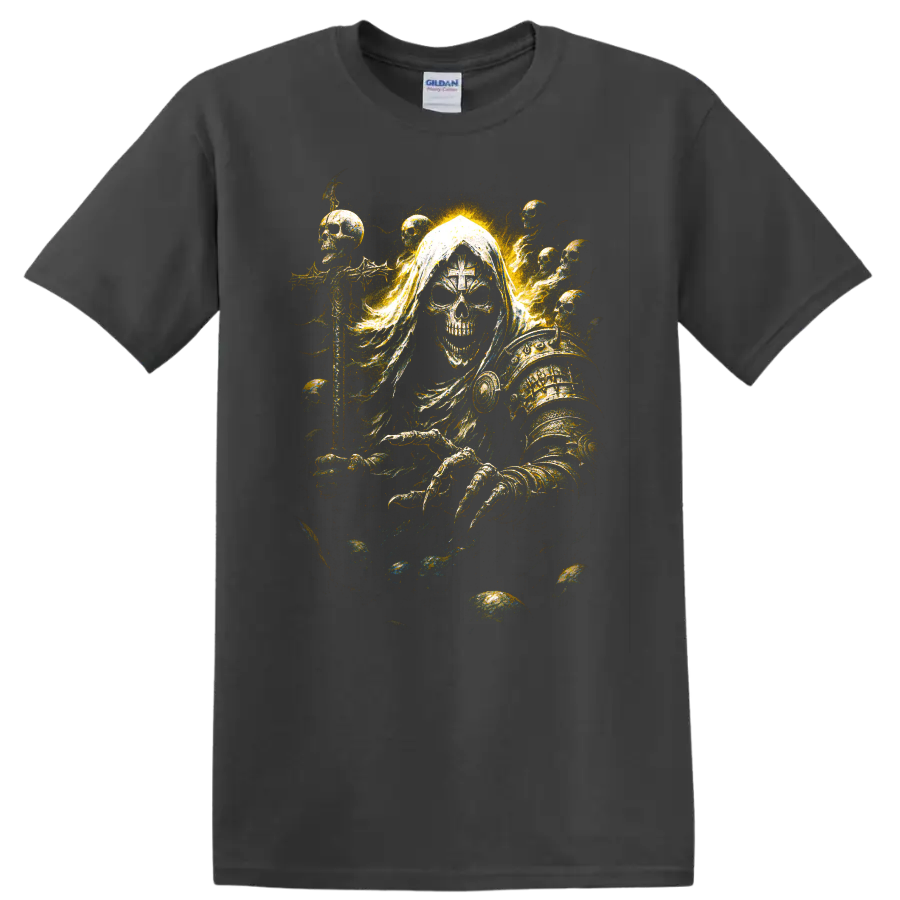 Hooded skull reaper in ornate golden armor with ghostly smoke on a Charcoal T Shirt