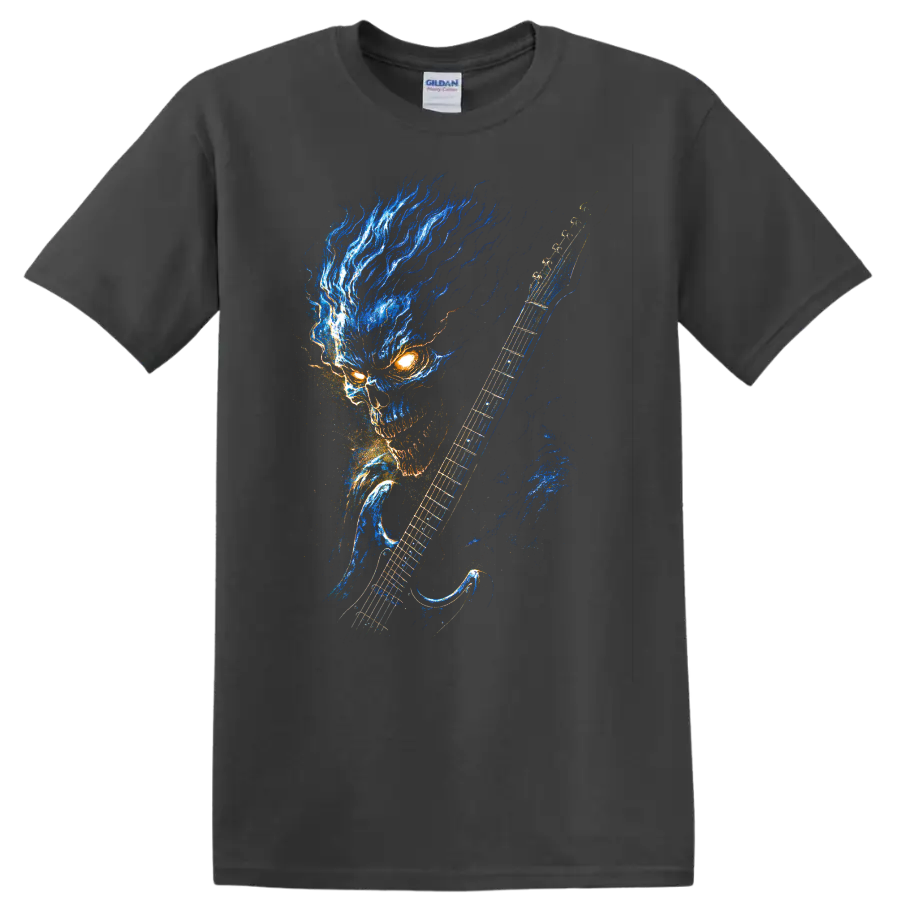 Blue flame skull with electric guitar gothic rock graphic on a Charcoal T Shirt